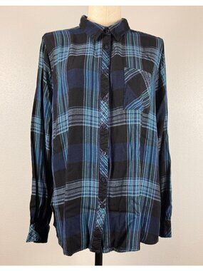 ALC At Last Woman Button Up Shirt Blue Black Plaid Long Sleeve Lightweight L?